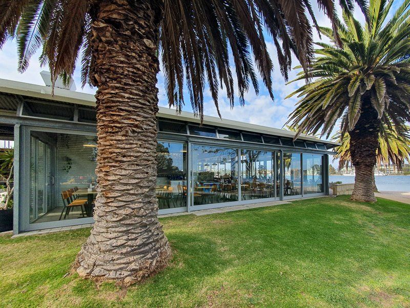 Palm trees frame a modern building with large glass windows, green lawn, and cloudy sky.