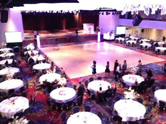 ballroom filled with tables and a dance floor for party