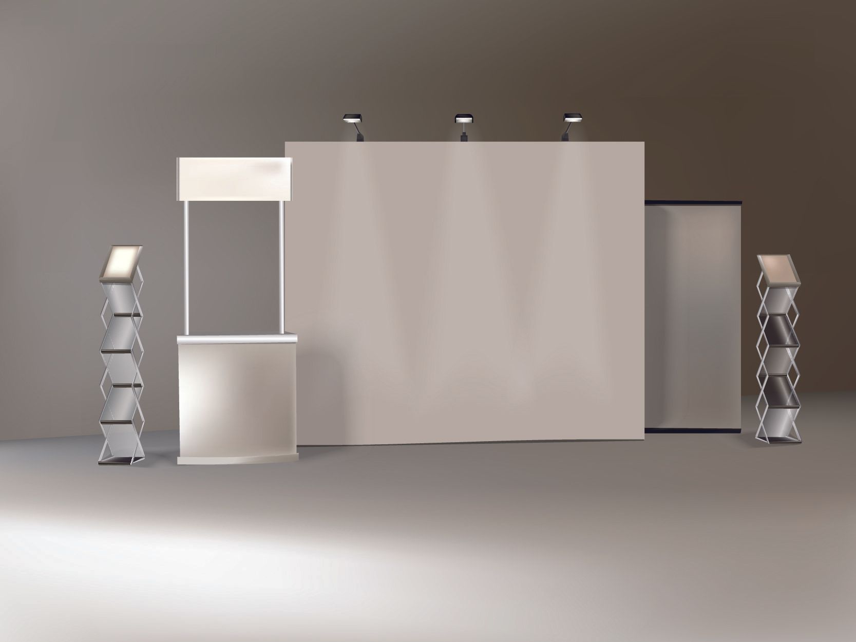 Trade show booth with white backdrop, lights, counter, and brochure stands.