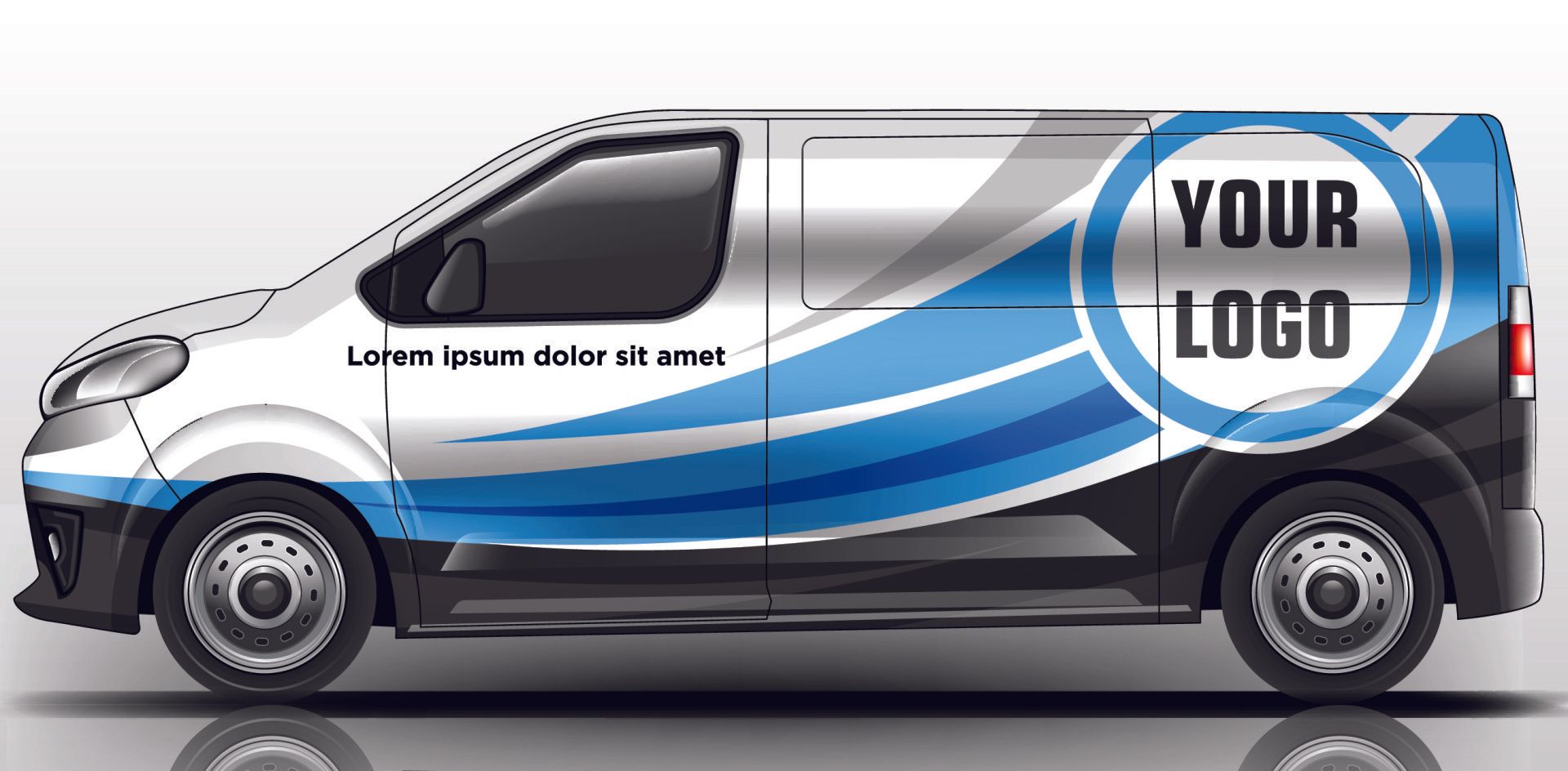 White van with blue and silver design, featuring space for a logo.