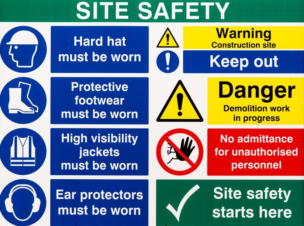 Safety signs: hard hat, footwear, jackets, ear protection required; warning/danger signs and keep out.