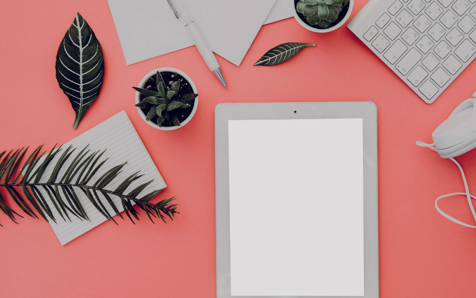 tablet, leafs, coffe, keyboard, papers
