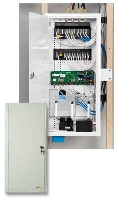 White structured wiring enclosure with open door, revealing network equipment and wiring.