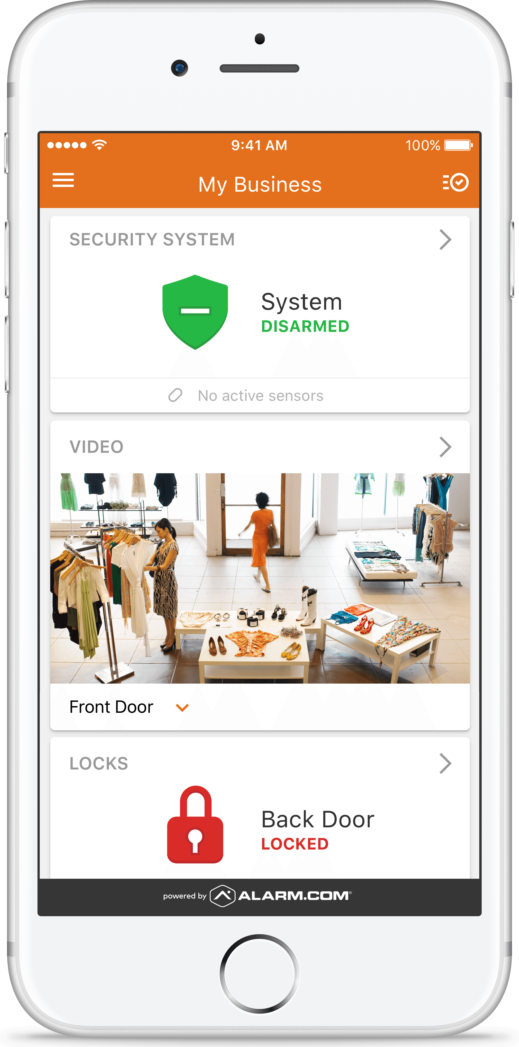 Smartphone app showing security system details, including a live video feed of a retail store and locked doors.