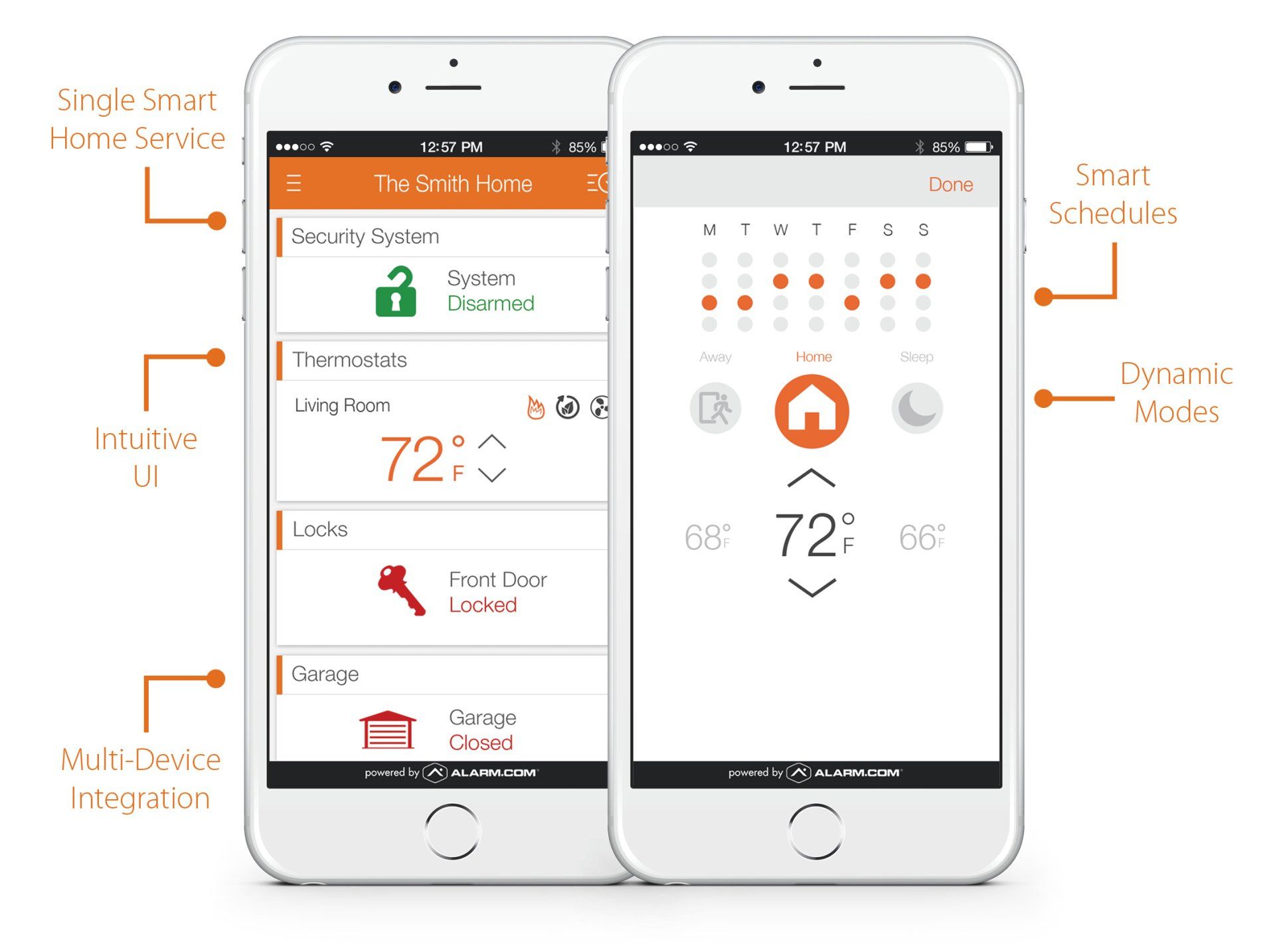 Two smartphones displaying a smart home app interface with orange and white elements.
