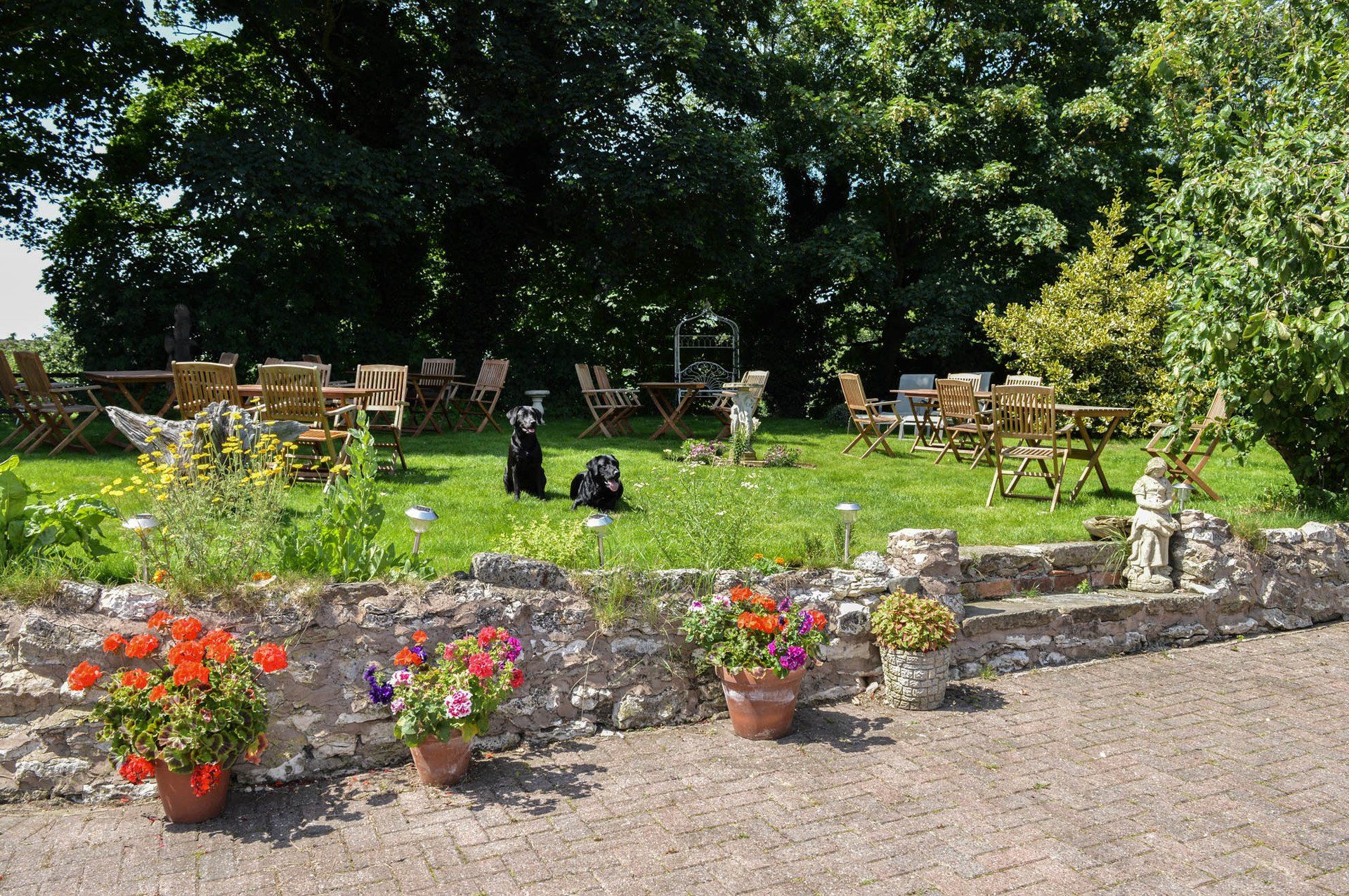A lawn with tables and chairs and potted flowers