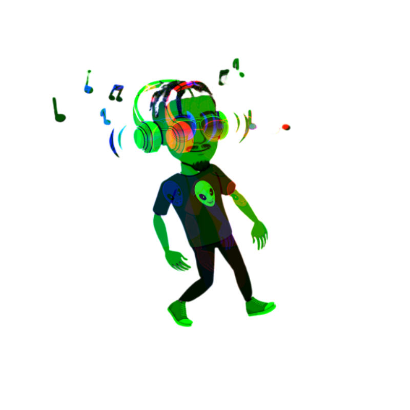 A green cartoon character wearing headphones and sunglasses