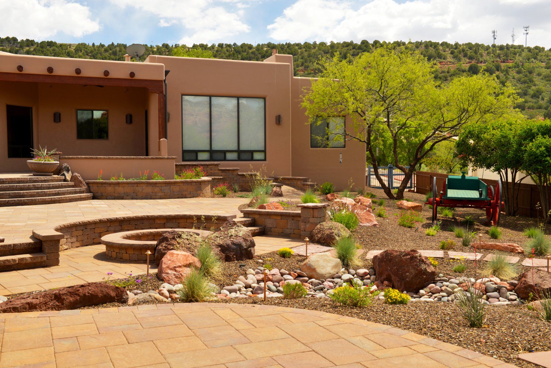 A large house with a patio in front of it