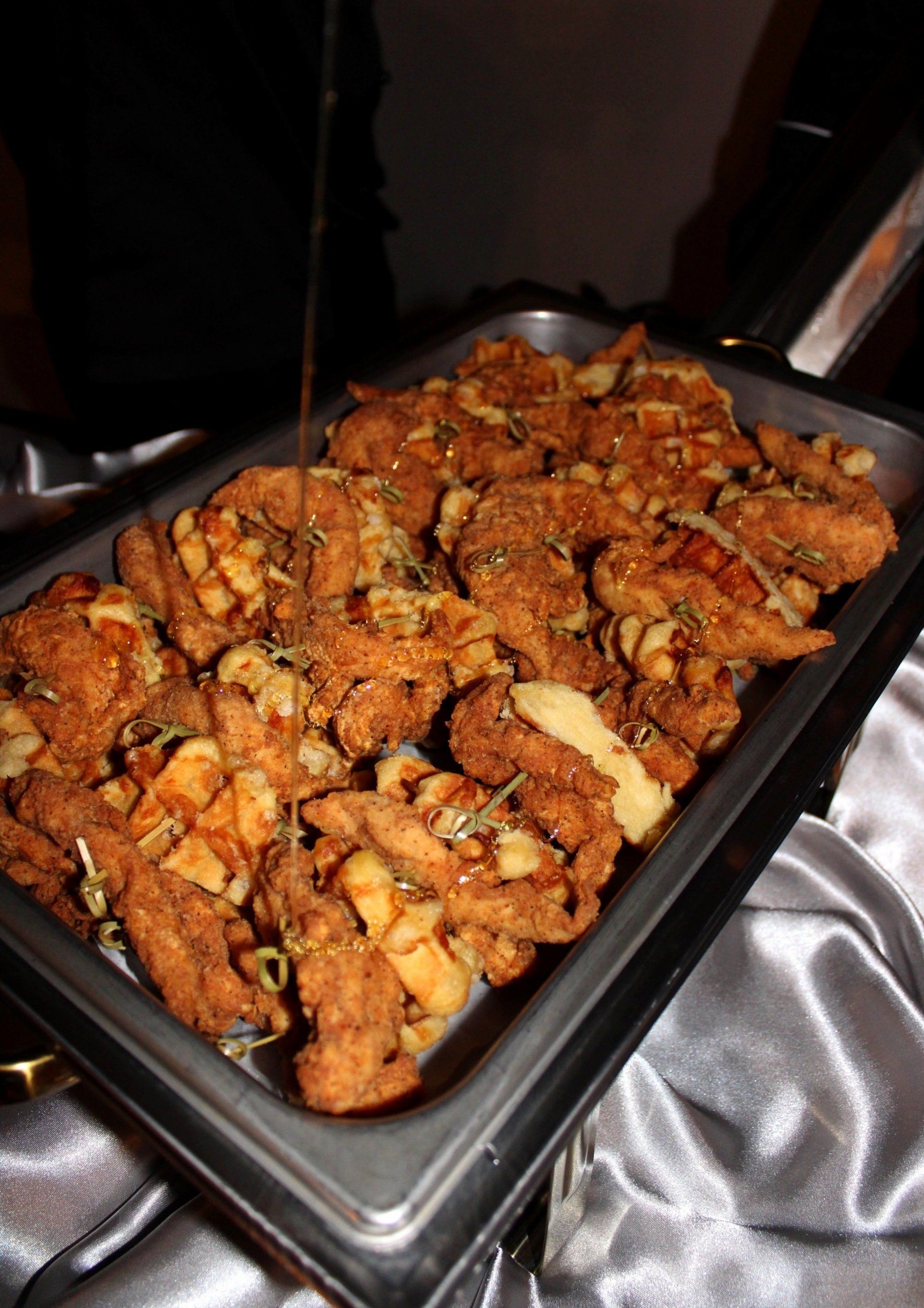 buffet pan fille with fried chicken skewers