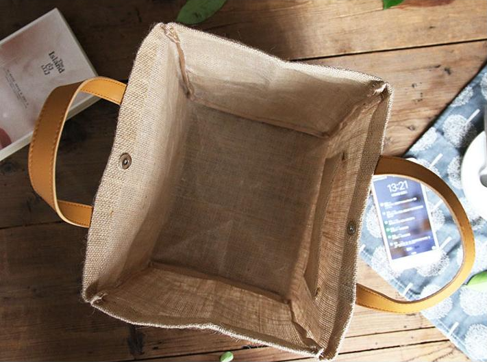 BURLAP IUTE SHOPPER BAG WITH LEATHER HANDLES