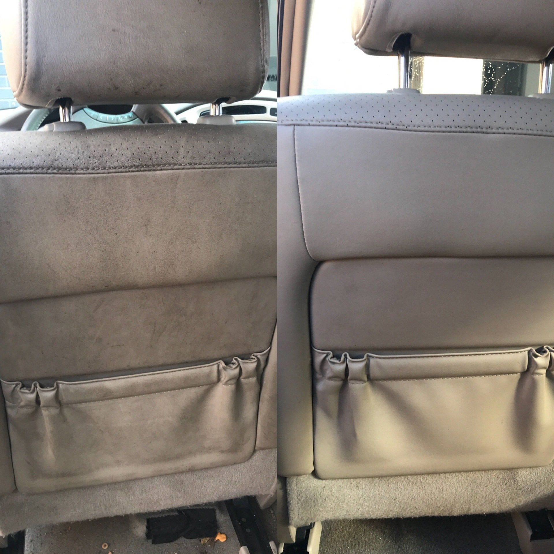 a before and after picture of the back seat of a car .