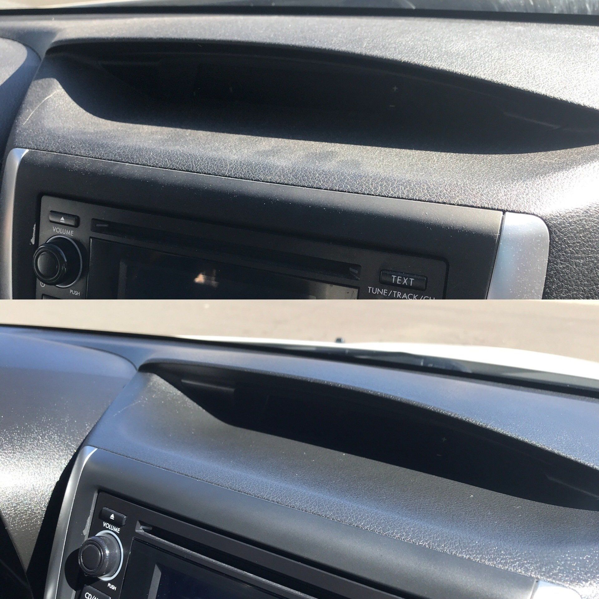 two pictures of a car dashboard showing a radio and a cd player