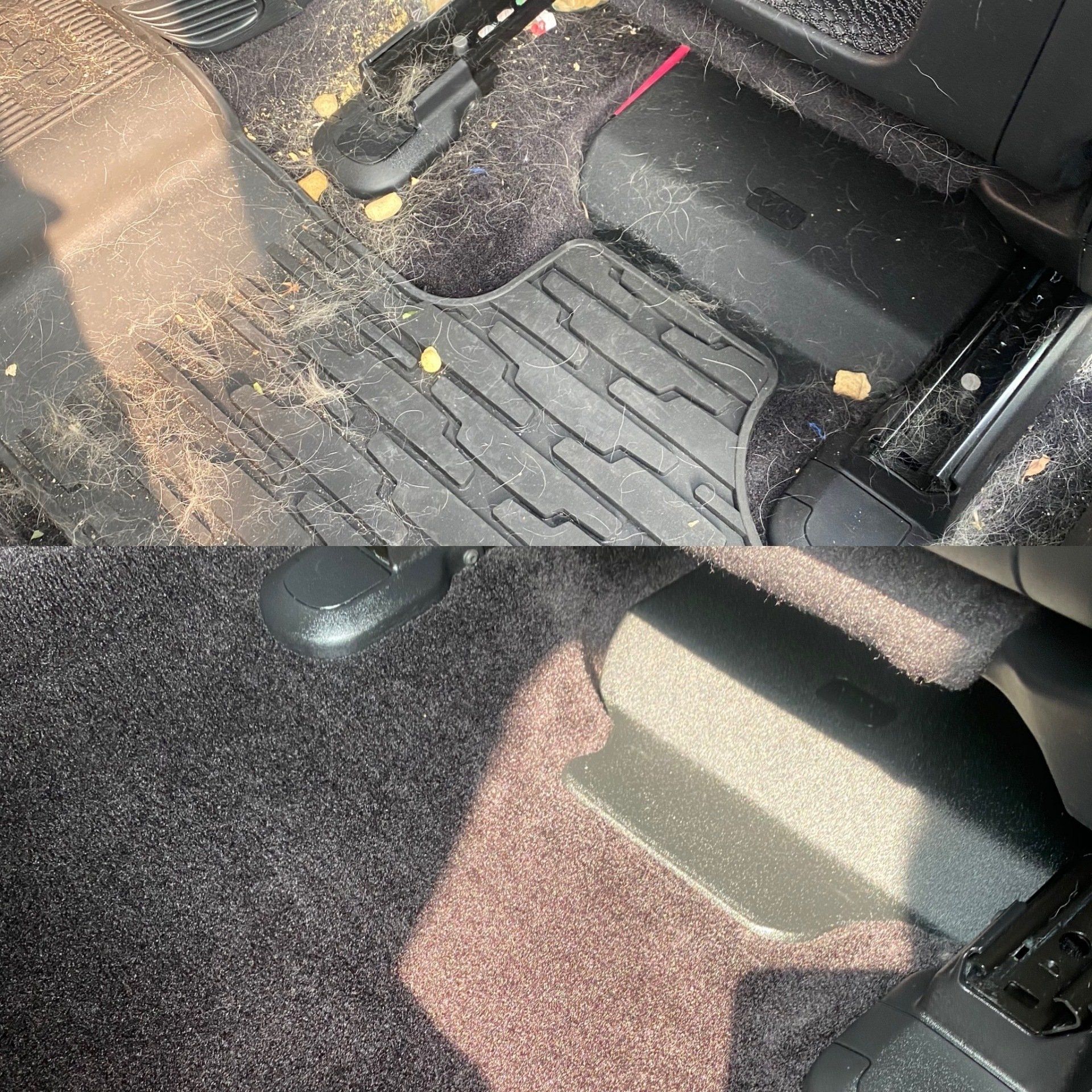a before and after picture of a car floor mat .