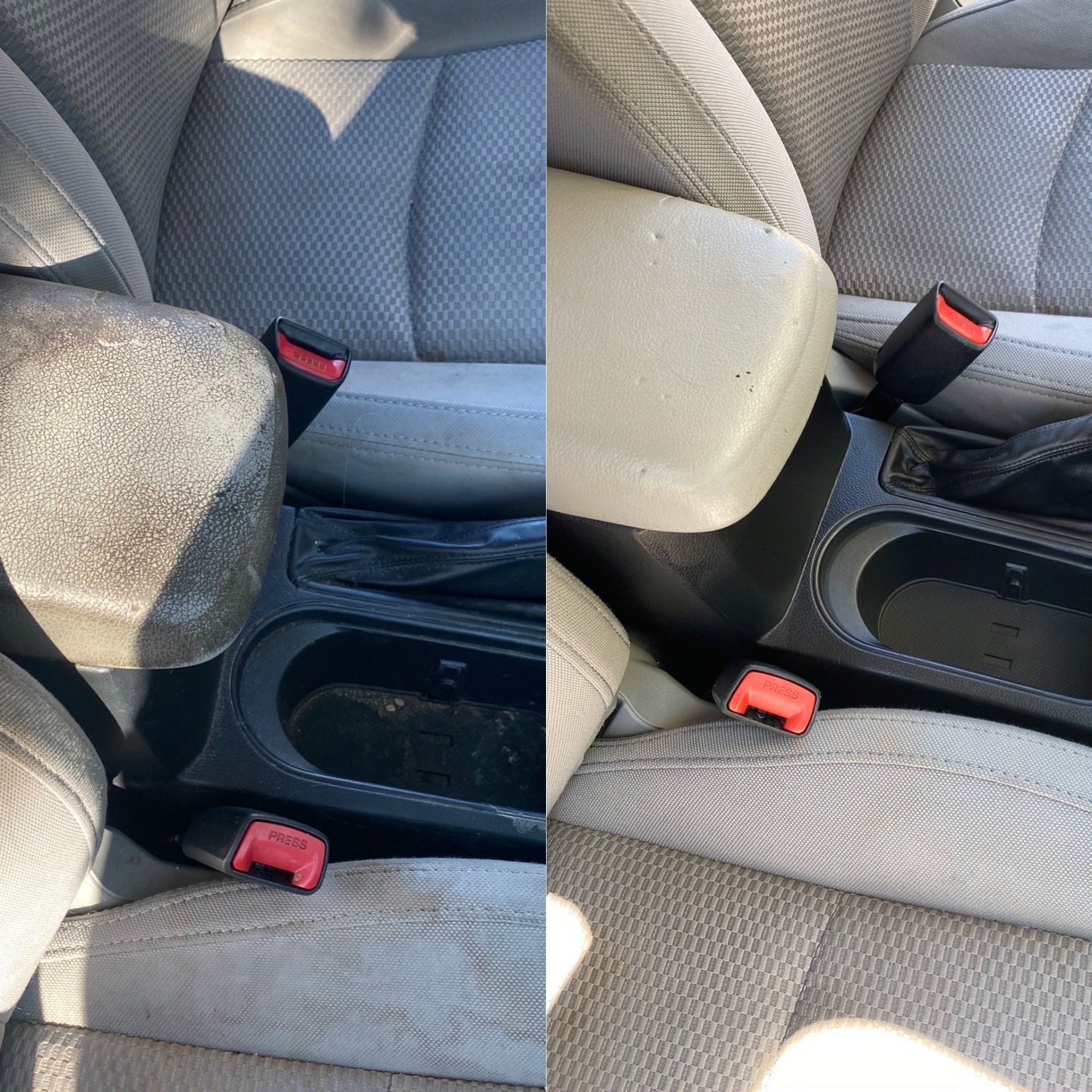 a before and after picture of a car arm rest