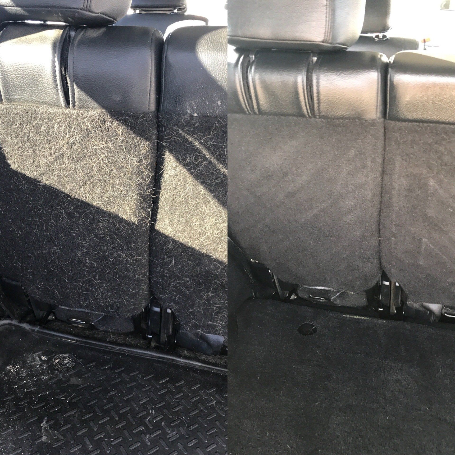 a before and after picture of the back seat of a car