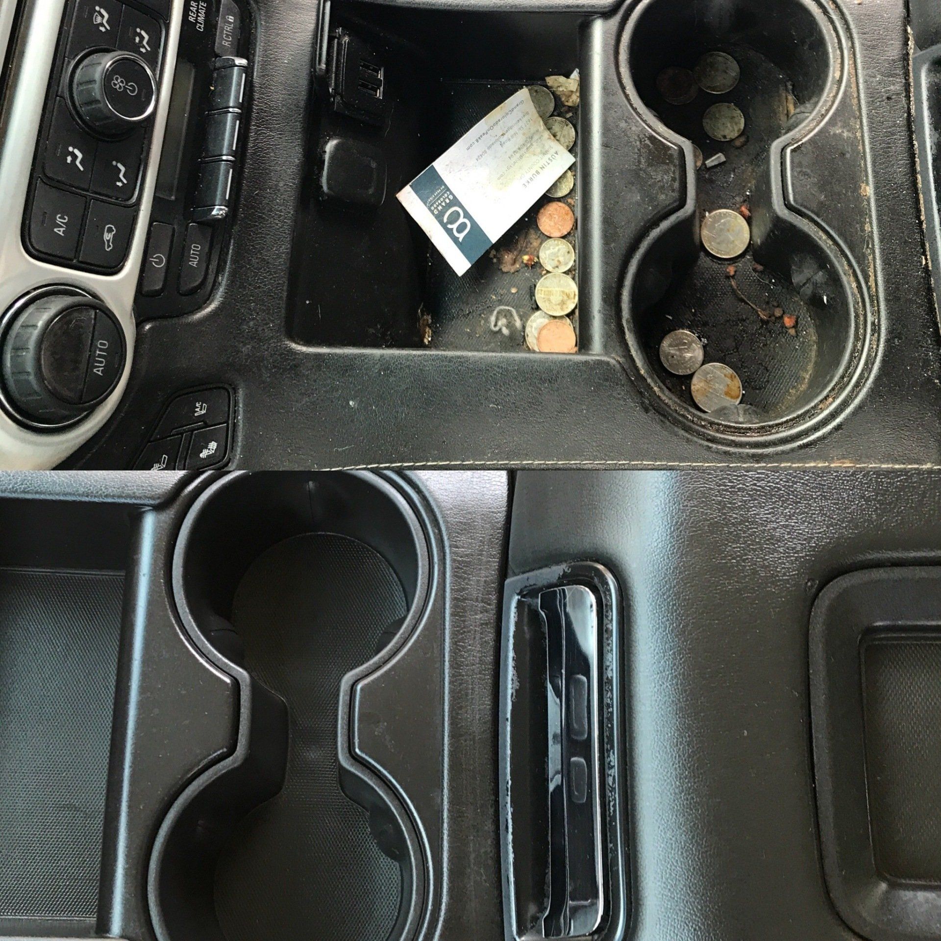 a dirty center console in a car with coins in it