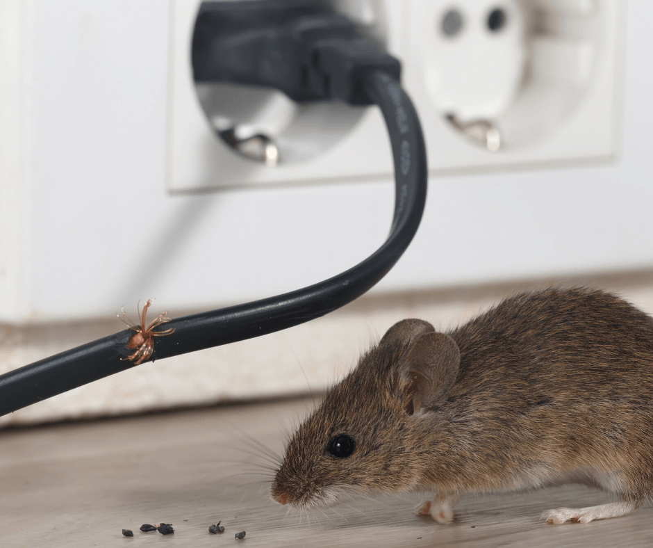 Mouse near exposed power cable with a small scorch mark on a wall outlet.