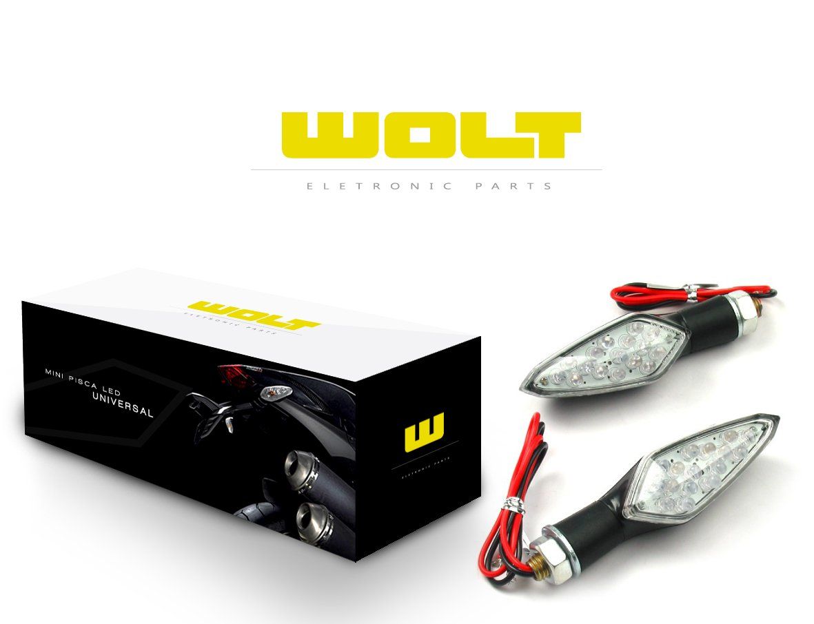 Um par de piscas de motocicleta ao lado de uma caixa que diz wolt