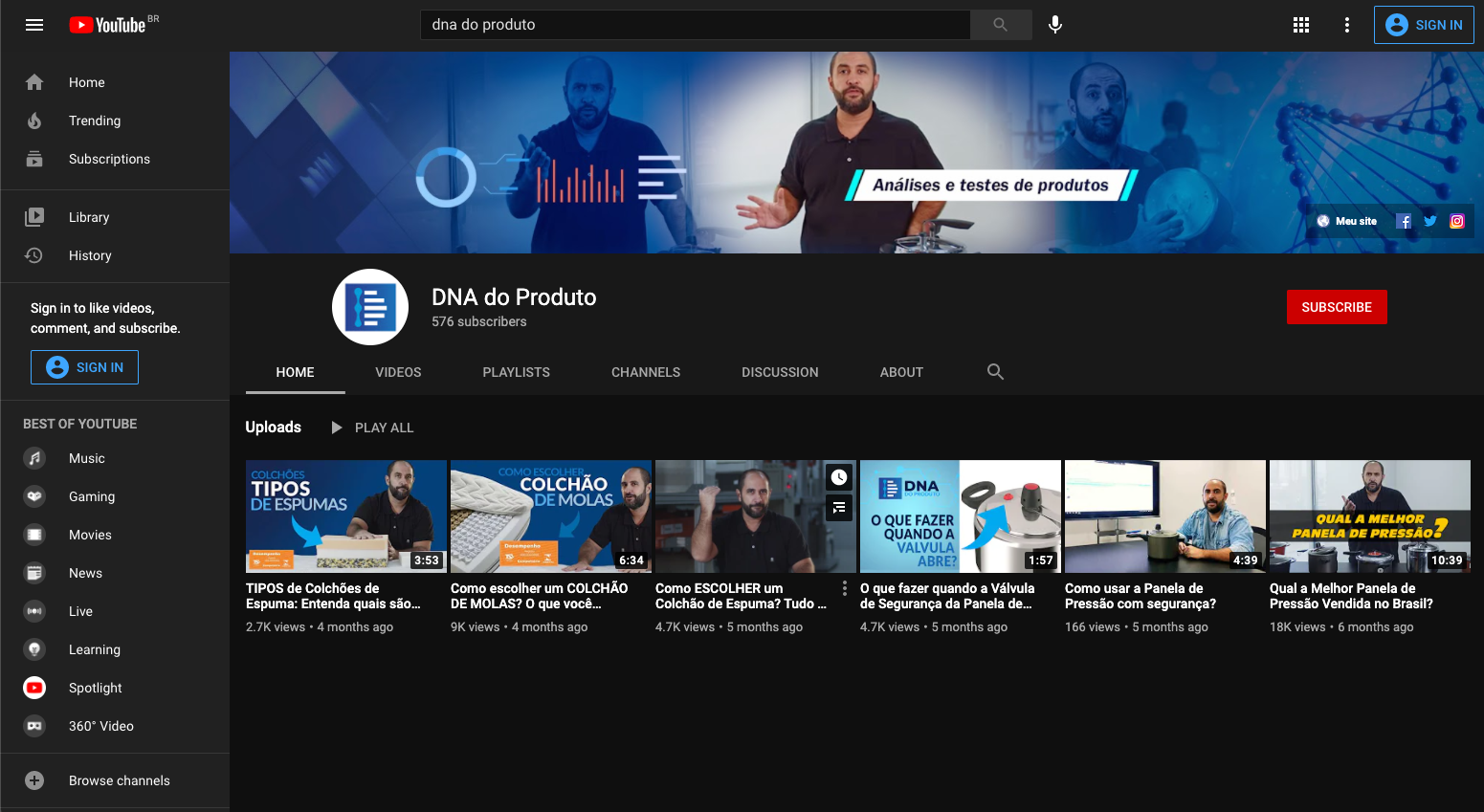 Uma captura de tela de um canal do YouTube com muitos vídeos