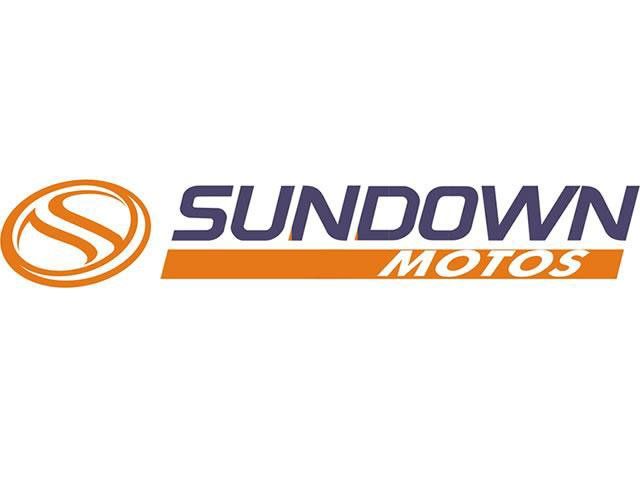 O logotipo da sundown motos é laranja e azul sobre fundo branco.