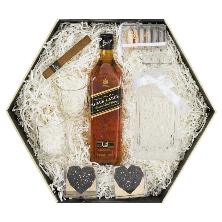 Black box with  liquor, glass tobacco and macarons