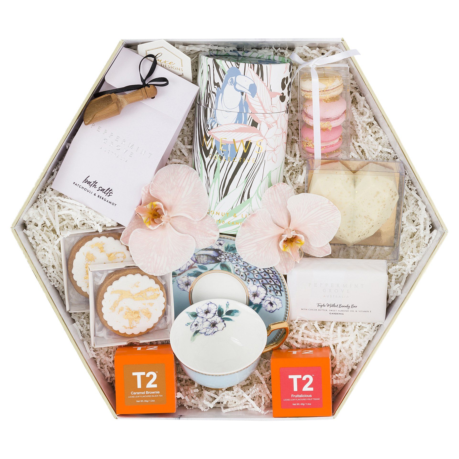 white box with bath salts, caramel brownie, frutalicious