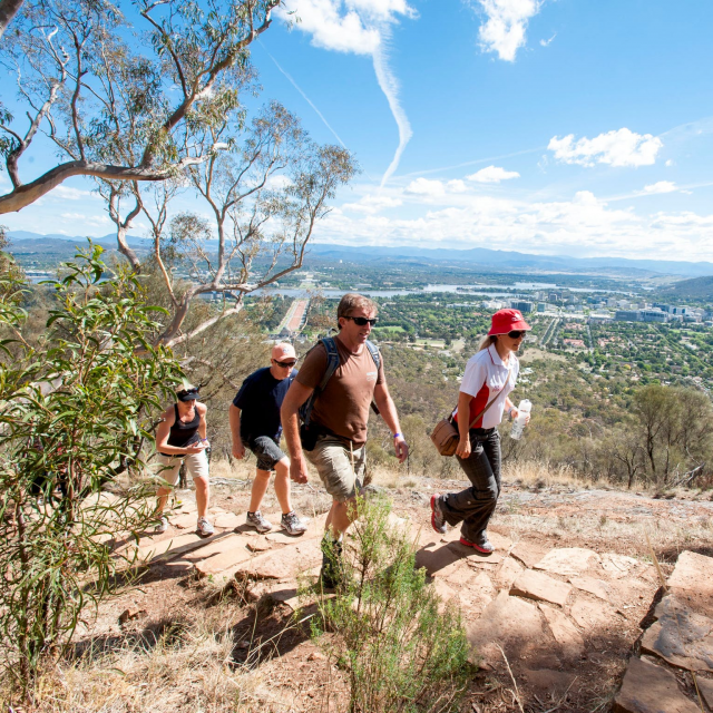 Hikers climbing a rocky trail on a sunny hillside overlooking a city and valley.