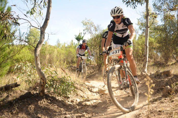 Mountain bikers racing on a dusty trail through a dry, wooded area