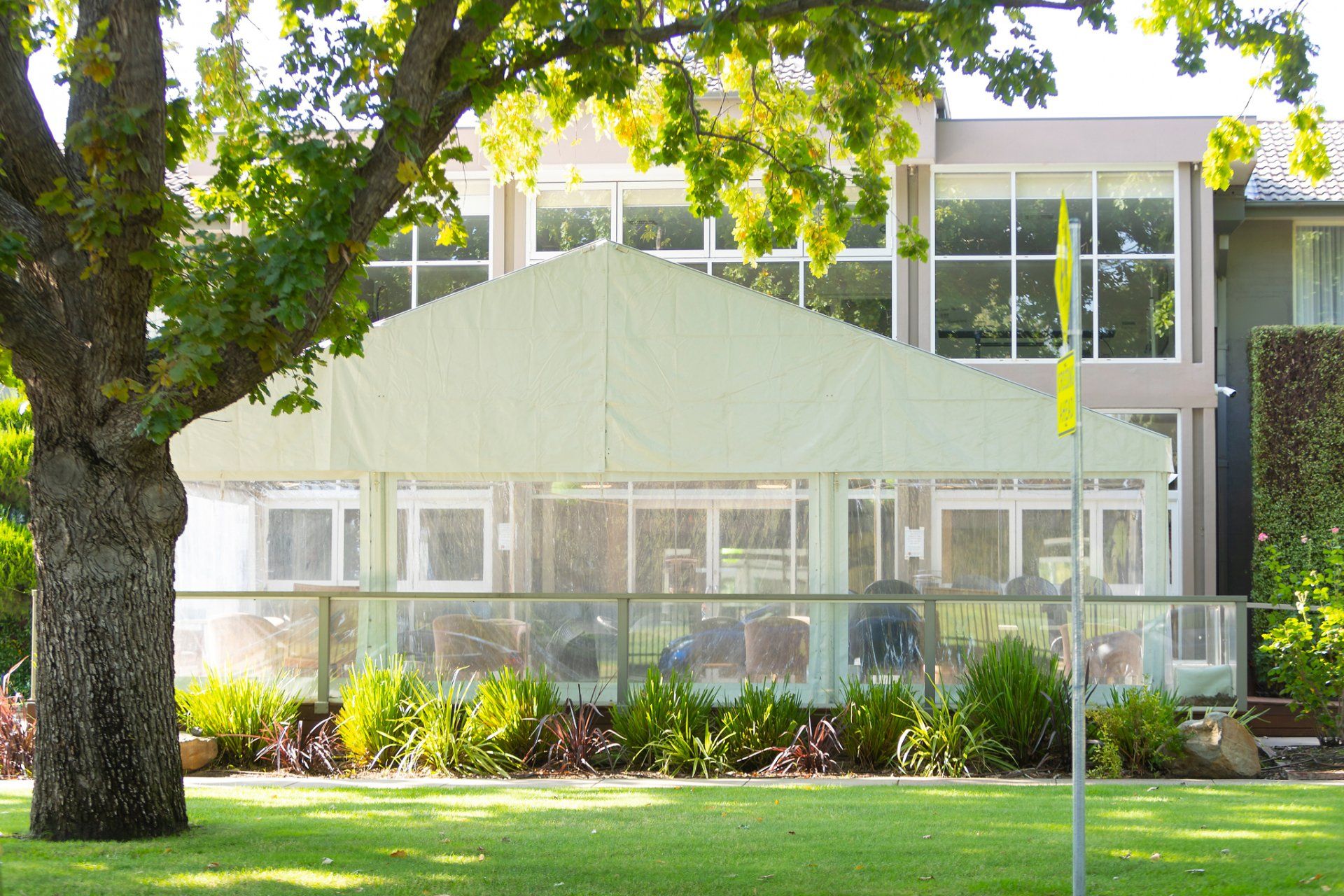 White tent canopy in a sunny garden beside a modern house with large windows and a tree in the foreground