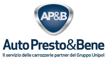 Logo per Auto Presto&Bene, un servizio di riparazione auto, con stemma e testo blu e argento.