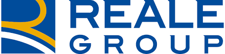 Logo per REALE GROUP, design blu e giallo con il nome dell'azienda scritto in blu.