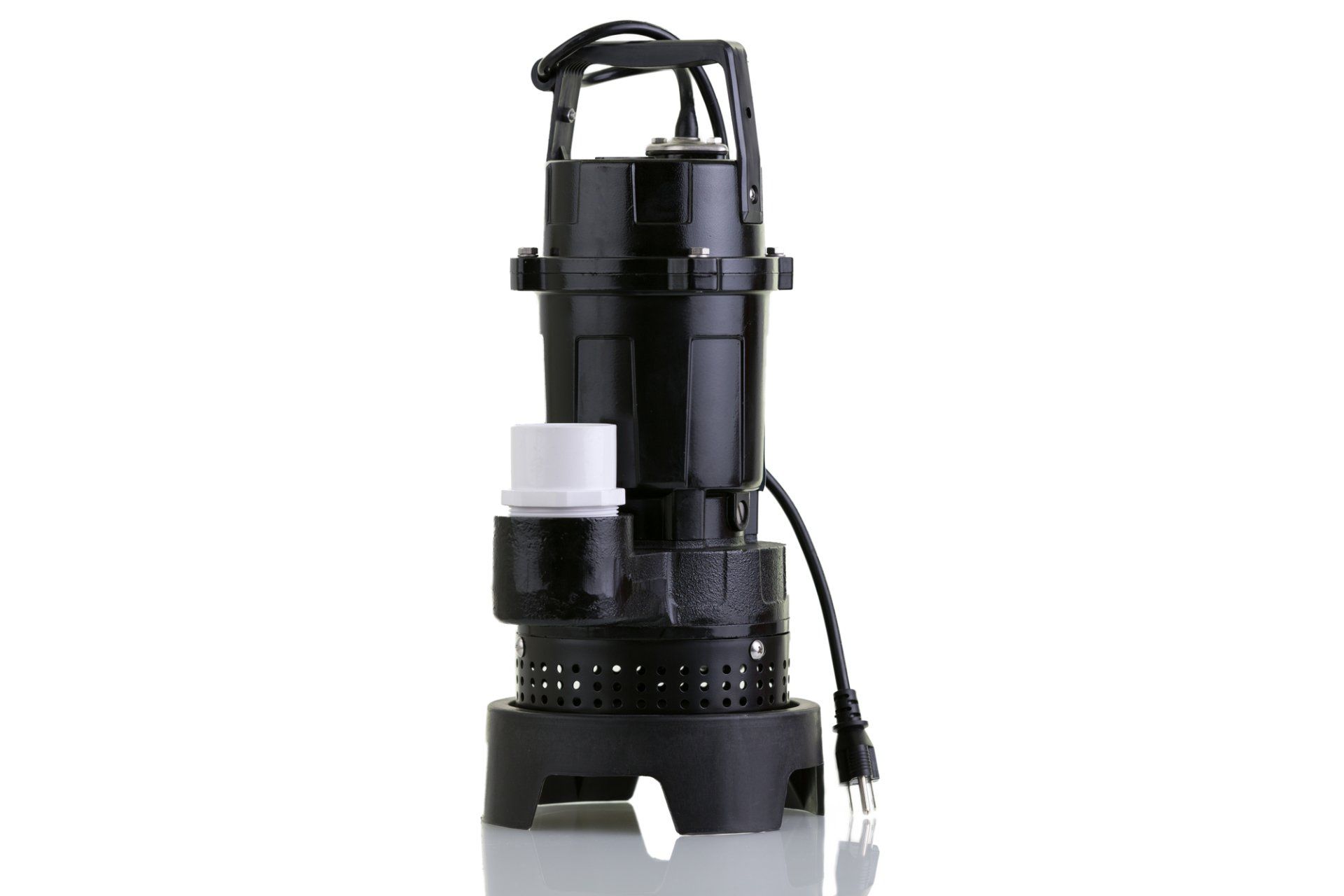 Black submersible pump with handle and power cord.