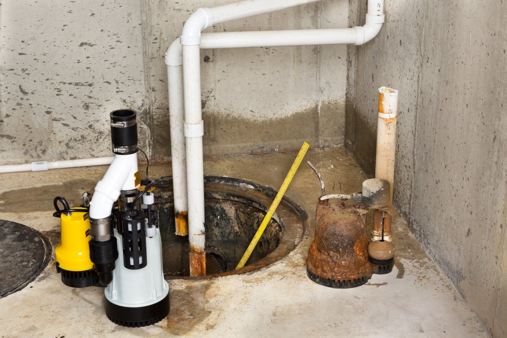 Basement sump pump system with pipes, concrete walls and floor. One pump is black, one is yellow, and the other is rusted.