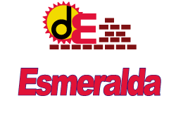 Logotipo de Esmeralda en rojo con un icono de sol radiante en amarillo y negro y un motivo de ladrillo sobre el nombre.