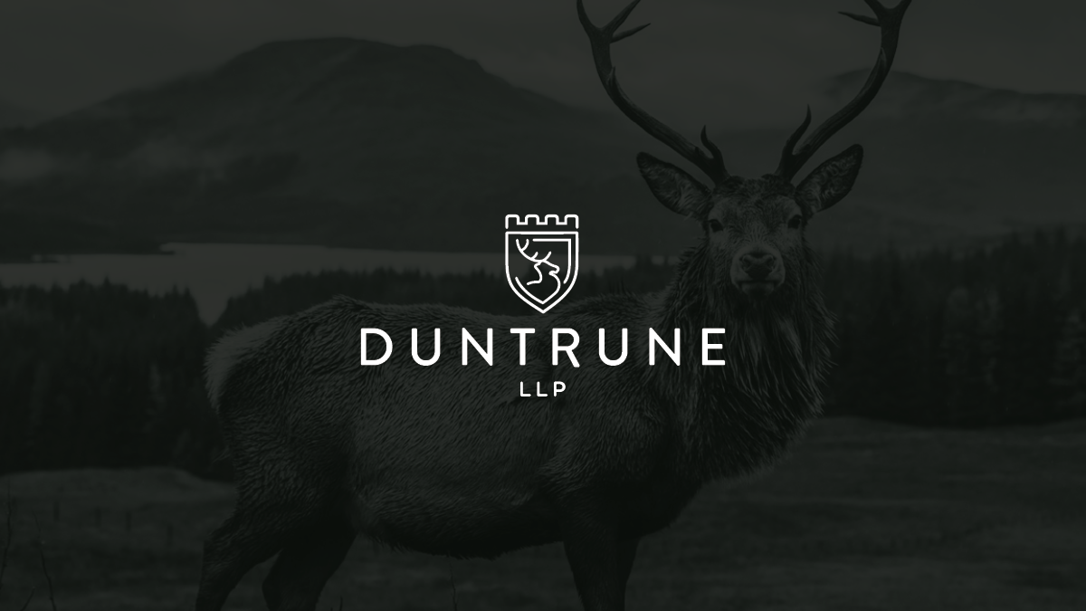 Deer with antlers in front of logo with a stag and a fortress. DUTRUNE LLP text appears below.