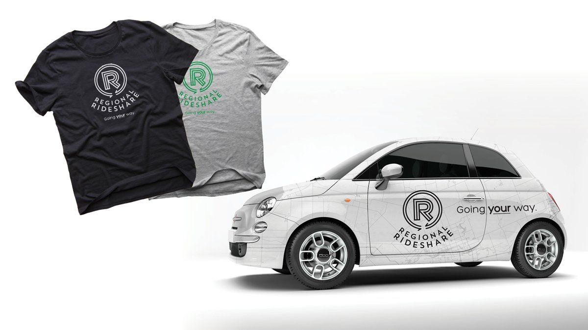 Two t-shirts and a white car, all with the same logo.