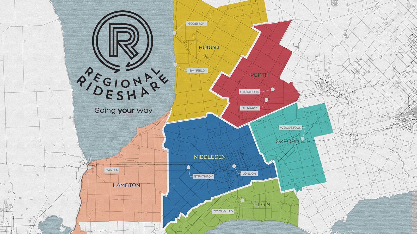 Map showing regional rideshare coverage zones in various colors.