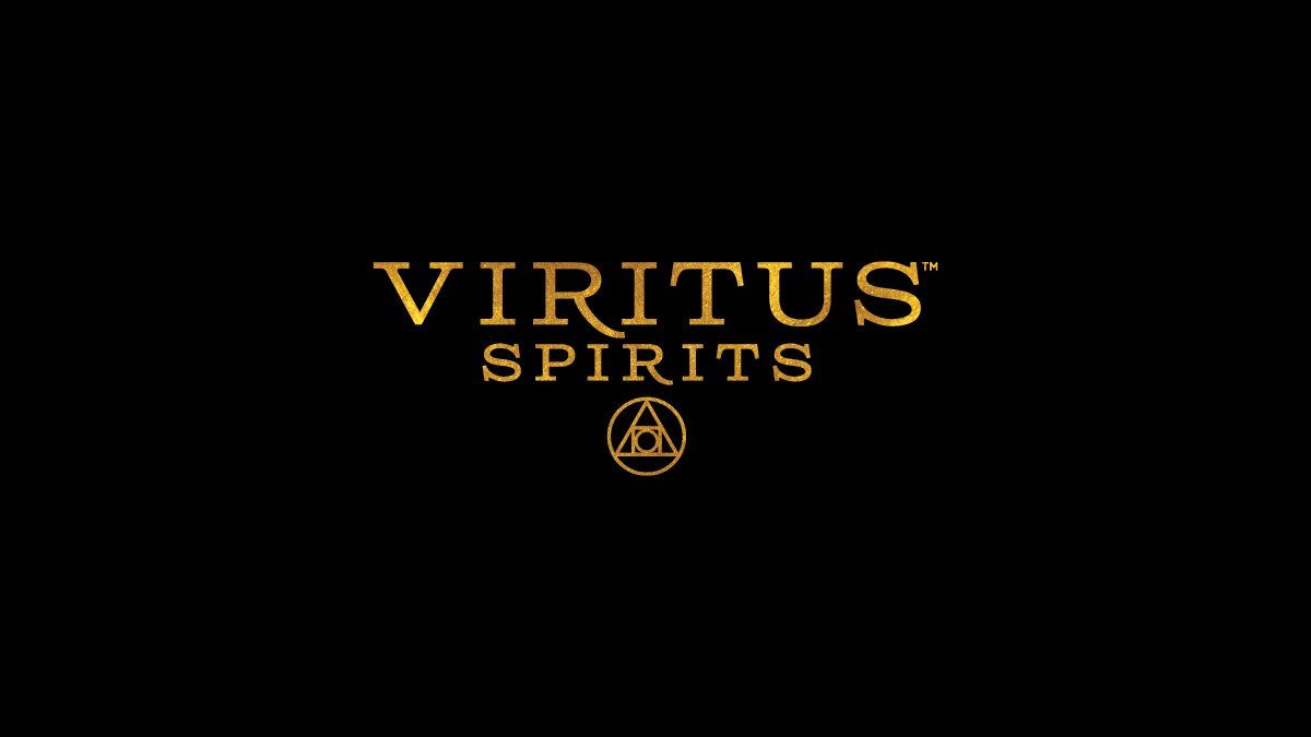 Gold logo on black background: 