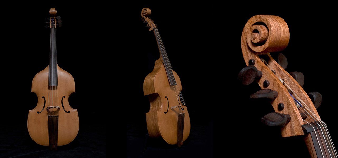Three brown stringed instruments against a black background.