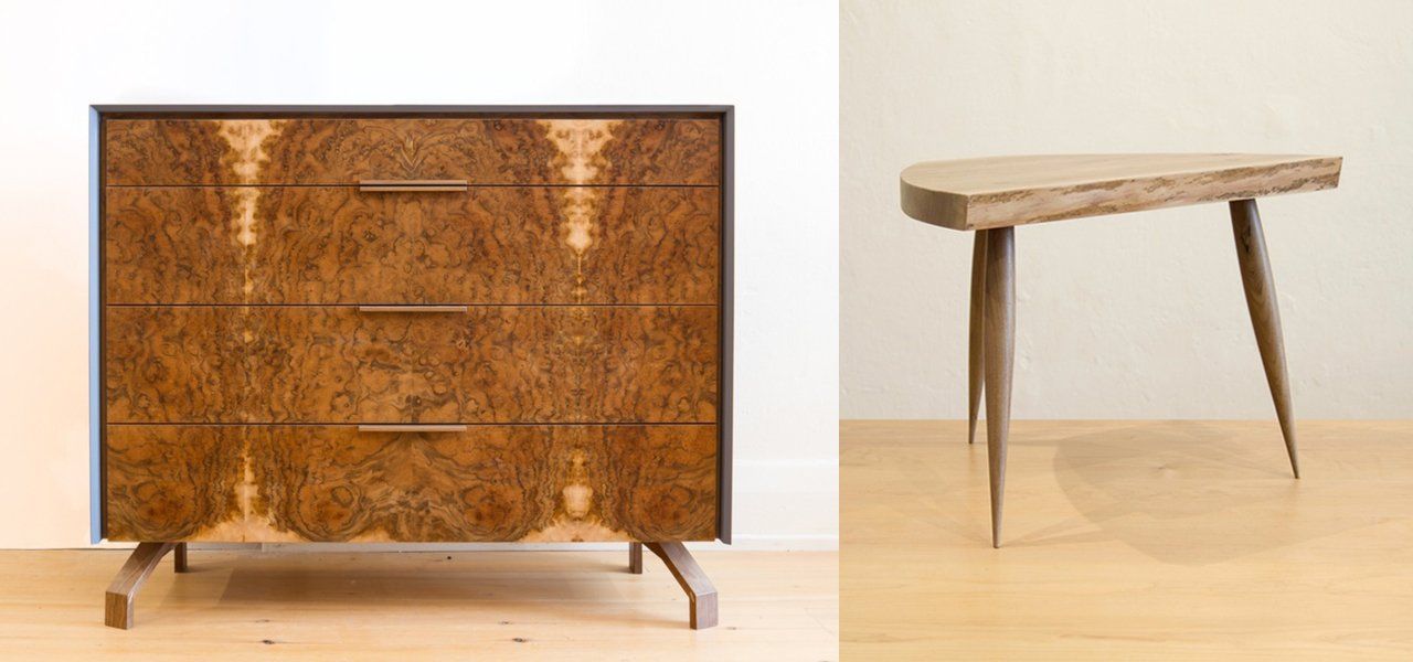 A dresser and a small wooden table with three legs sit side by side on a wood floor.