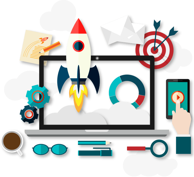 Image of a rocket ship and other icons representing all the services Excelsior offers