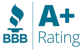 The logo for the bbb rating is blue and white
