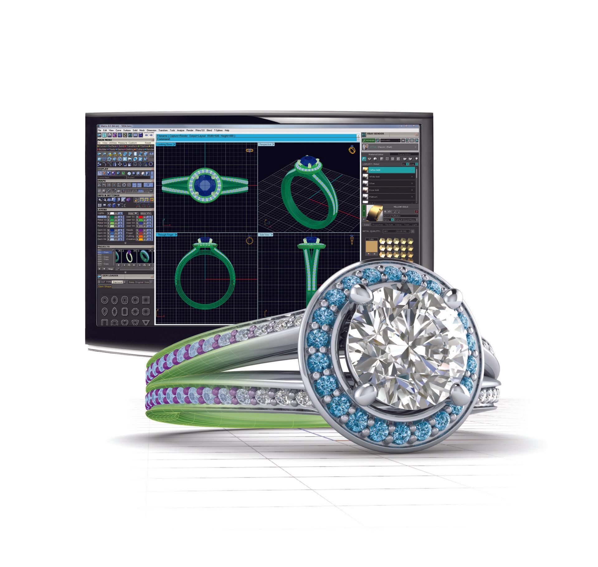 A diamond ring is sitting in front of a computer screen.