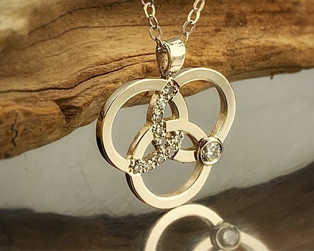 A close up of a gold pendant on a chain