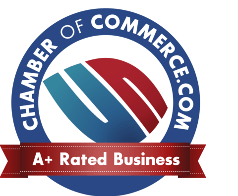 A logo for the chamber of commerce with a red ribbon