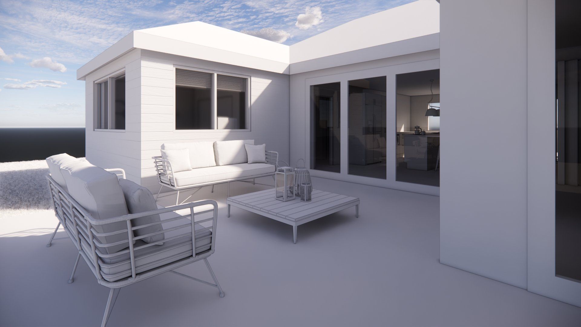 A 3d rendering of a patio with a couch , chair , and table.