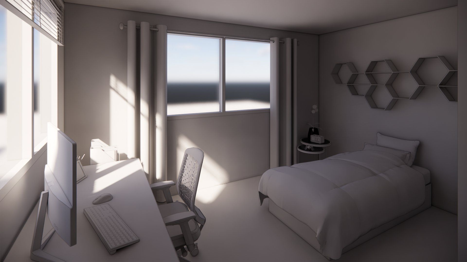 A bedroom with a bed , desk , chair and computer.