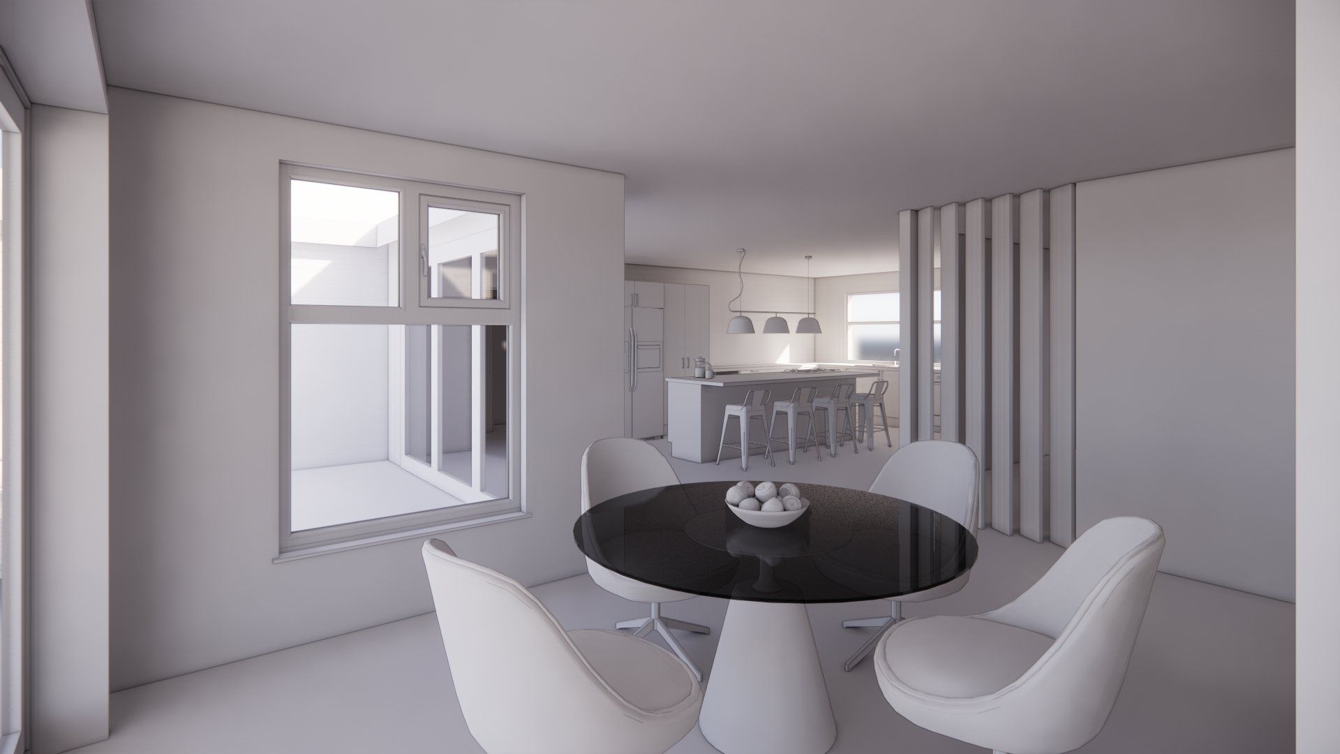 A 3d rendering of a dining room with a table and chairs.