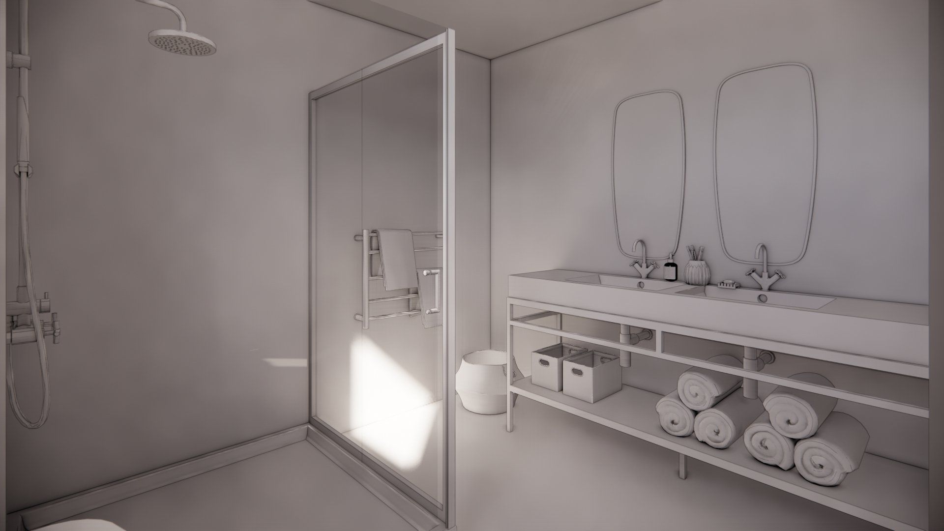 A bathroom with two sinks , a toilet , and a shower.