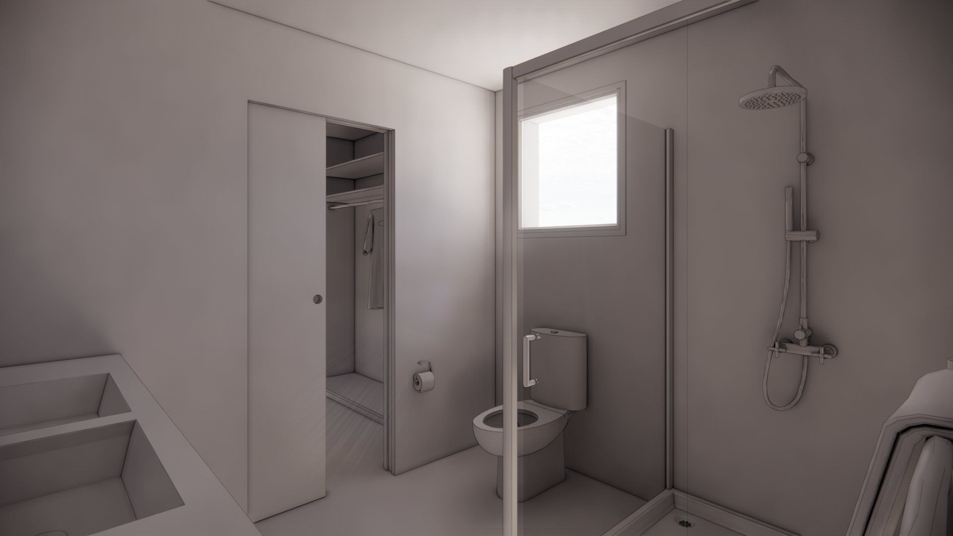 A bathroom with a toilet , sink , shower and window.